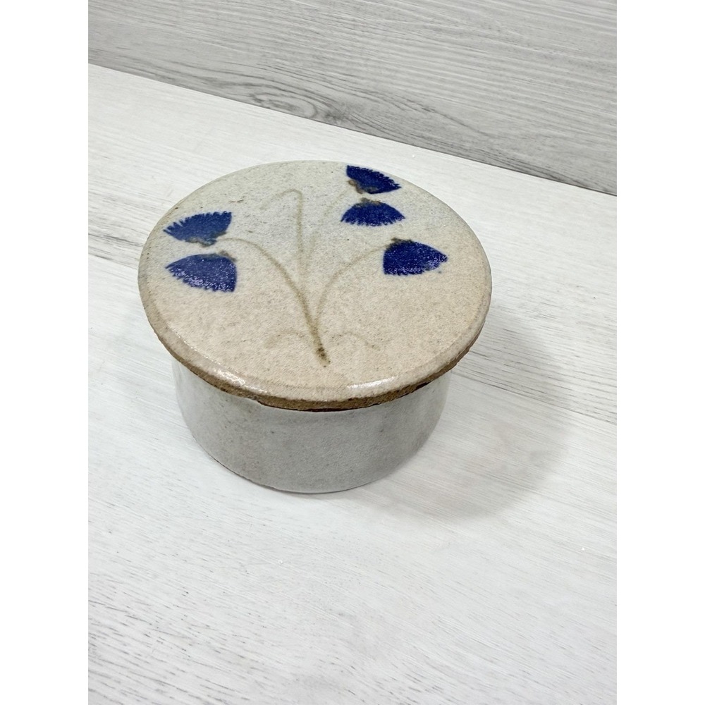 Studio Pottery Stoneware Lidded Jar Cobalt Blue Floral Gray Glaze 4 1/2"